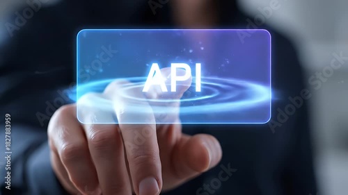 Person Tapping Holographic Api Button on Blue and Purple Interface Displaying Connectivity and Data in Dark Background