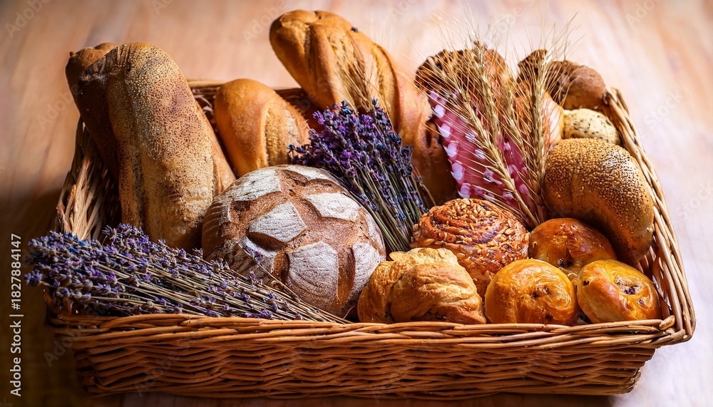 Obraz premium A Wicker Basket Overflowing With Assorted Breads Dried Flowers And Fruits Dried Wheat Stalks And Lavender Sprigs Are Prominent