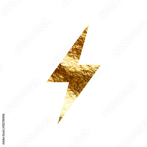 Golden lightning bolt icon. Gold foil texture. Flash symbol, thunderbolt. Simple lightning strike sign. Vector illustration