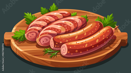 Very beautiful semi-realistic vector illustration of raw sausages arranged neatly on a rustic wooden board, showing natural texture, fresh color, and clean presentation suitable for culinary or food-