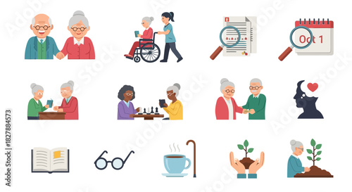 Set of color line icons representing senior citizen health, wellness, and retirement community life