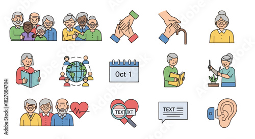 Set of color line icons representing senior citizen health, wellness, and retirement community life