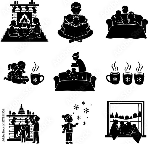 Silhouette pack of 6 to 8 cozy family scenes.eps