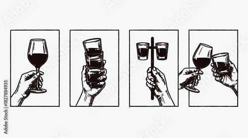 Variety of Drinks Presented in a Stylized Black and White Drawing