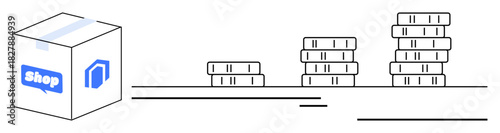 Shipping box with Shop label and three stacks of coins depicting business revenue growth. Ideal for e-commerce, finance, logistics, profit analysis, online shopping, investments, retail themes
