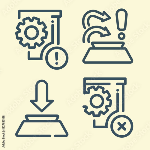 Machine Automation Warning Icons Set – Process Error, System Alert, Mechanical Gear Symbols & Industrial Line Vector Pack