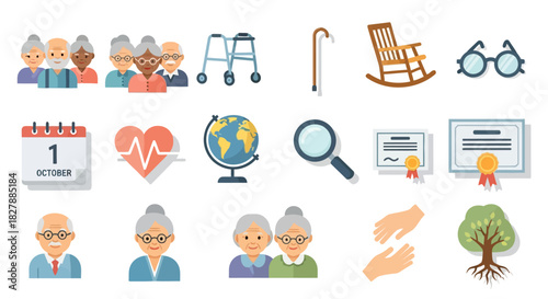 Set of color line icons representing senior citizen health, wellness, and retirement community life