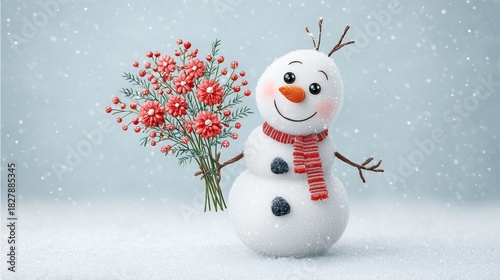 Romantic snowman scene with snowman Christmas bouquet winter scene with soft bokeh, joyful snowman Christmas bouquet festive background, cozy snowman Christmas bouquet holiday design