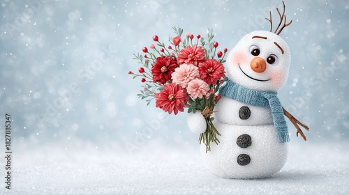 Romantic snowman scene with snowman Christmas bouquet winter scene with soft bokeh, joyful snowman Christmas bouquet festive background, cozy snowman Christmas bouquet holiday design