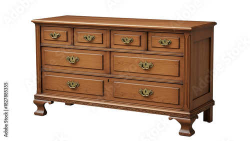 A classic wooden dresser with multiple drawers, ornate handles, and a decorative base