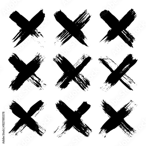 Grunge crosses, brush strokes, x mark, lines, ink smudges, hand-drawn scribble shapes. Handmade sketchy marks, acrylic stains, charcoal streaks. Paint textures, dry brush effect. Vector illustration