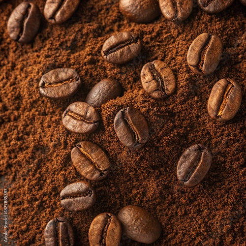 Close up overhead view of roasted coffee beans scattered across a bed of rich dark coffee grounds