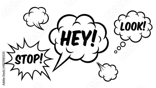 Comic Speech Bubbles Set with Hey, Look, Stop for Web Design