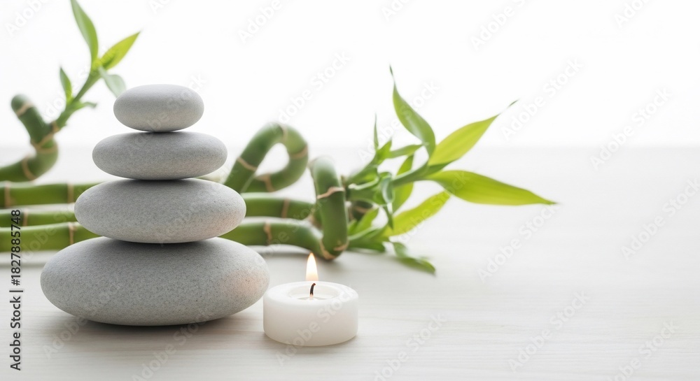 Fototapeta premium Zen stones stacked with candle and bamboo leaves for relaxation and meditation.