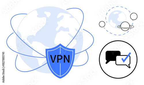 Globe with orbit lines, shield labeled VPN, chat bubbles, and global icons. Ideal for cybersecurity, global internet, data protection, communication privacy secure access web navigation. Simple