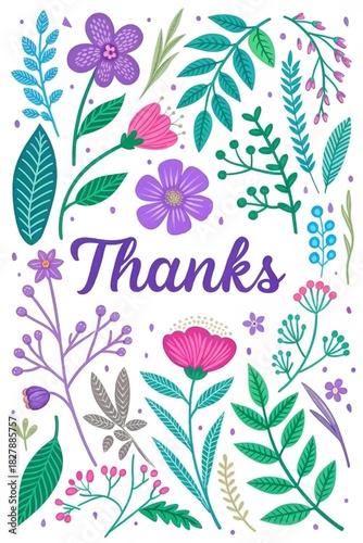 Hand drawn floral illustration with the word thanks in elegant script surrounded by colorful botanical elements