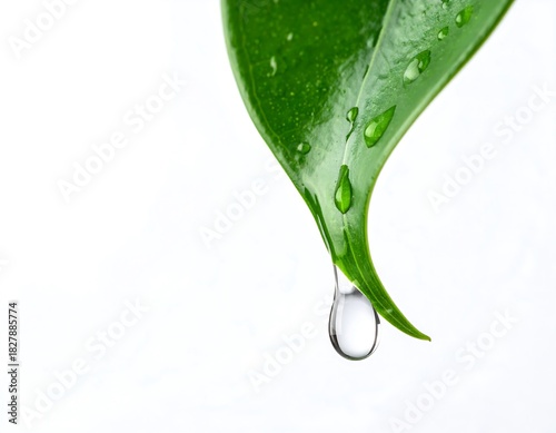 Bright green leaf with water droplets clings to the edge on a stark white background in natural lighting