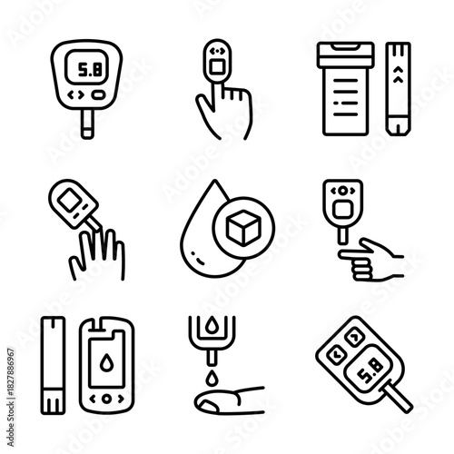 Glucometer Device outline icons set. Performing blood glucose tests using glucometers. Glucose Test, Diabetic Consultation, Health Support.