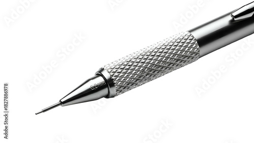 Close-up of a silver mechanical pencil against black background, showing detailed grip