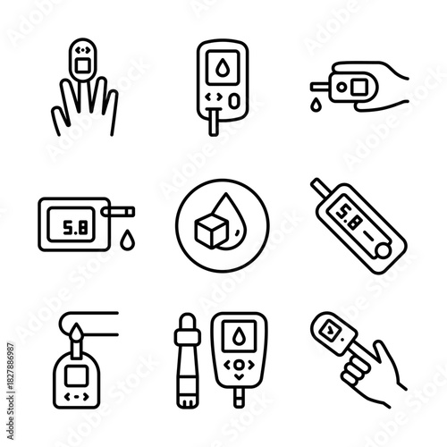 Glucometer Device outline icons set. Performing blood glucose tests using glucometers. Glucose Test, Diabetic Consultation, Health Support.