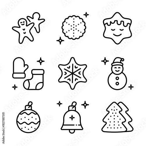Christmas cookies outline icons set. Different gingerbread cookies symbols. Christmas signs depicting various festive elements, bringing holiday cheer and wintertime spirit.