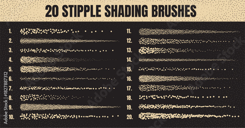 Ink scatter brush, stipple drawing and texturing. Fading gradient. Stippling, dotwork drawing, shading using dots. Halftone disintegration effect. White noise grainy texture. Vector illustration