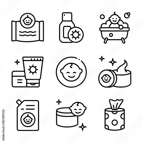 Baby cosmetics outline icons set. Cosmetic bottles and beauty products for skincare routine, moisturizing and cleansing. Vector symbols isolated on white background.
