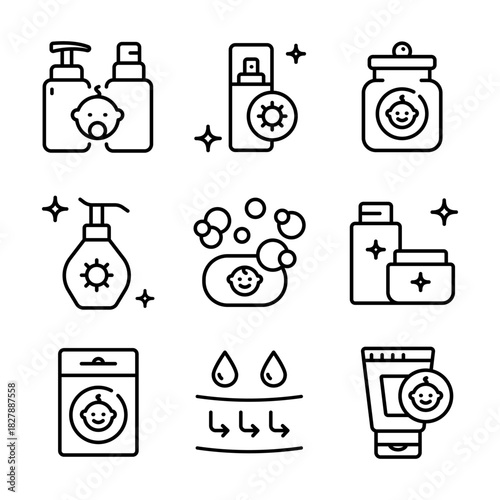 Baby cosmetics outline icons set. Cosmetic bottles and beauty products for skincare routine, moisturizing and cleansing. Vector symbols isolated on white background.