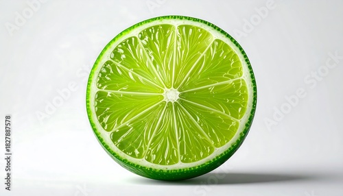 Bright green lime slice, halved, revealing pulpy texture. Light shines through the juicy interior on plain white background