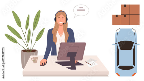 Woman with headset using a computer, managing logistics with boxes and car icons nearby. Ideal for customer service, logistics, shipping, support, communication, e-commerce delivery. Simple flat