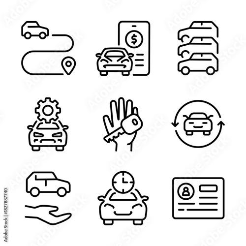 Car Sharing icons set includes driver, dealing, checking, license, app, sell route. Related car rent, repair, transport, and travel. Outline symbols vector collection
