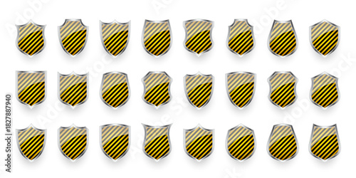 Glossy shields with yellow and black pattern. Security and protection concept. Cyber safety icons, internet privacy, web defense, digital data protection and antivirus themes. Vector illustration