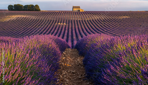 Blooming Lavender Field Landscape at Sunset