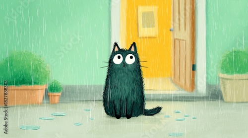 Illustration of a wide-eyed black cat sitting at an open door looking up at the falling rain. Cozy home scene with potted plants and green walls.