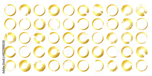 Golden grunge circles, brush strokes, lines, ink smudges, hand-drawn scribble shapes. Handmade sketchy marks, acrylic stains, charcoal streaks. Paint textures, dry brush effect. Vector illustration