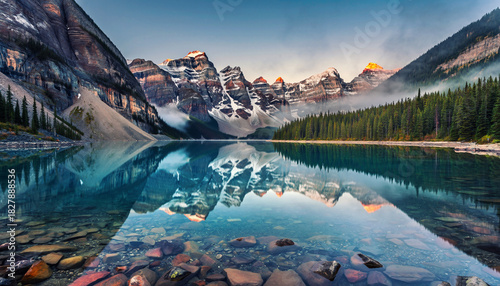Pristine Alpine Lake Reflection with Snow Capped Mountains