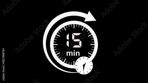 15 min clock icon animation. arrow Clock 15-minute icon Digital and analog clock 15 minutes isolated on white background. 15 minute timer symbol, isolated on transparent background with alpha channel.