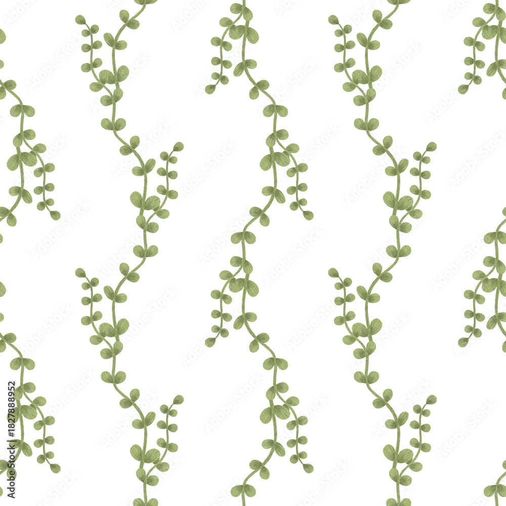 Fototapeta premium Seamless pattern: green branches, leaves, twigs, grass in pastel colors. Hand-drawn watercolor illustration in a flat, naive style. Element for design: textile, packaging