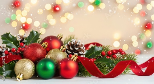 Christmas ornaments and festive decorations with bokeh lights background