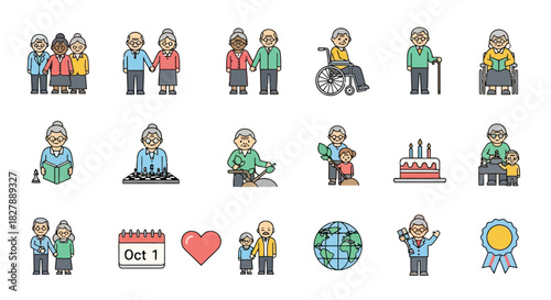Set of color line icons representing senior citizen health, wellness, and retirement community life