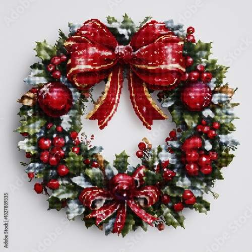 Festive pixel wreath Pixel Art Christmas Wreath with Red Ribbon ,Christmas Wreath Pixel Art with Holly Berries , Festive Pixel Art Christmas Wreath for Holiday Decoration, 8-bit festive wreath art
