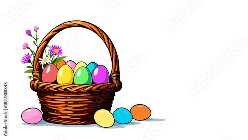 woven basket with colorful Easter eggs and flowers on a white background with copy space
