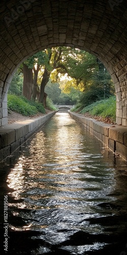 Water flowing under a stone archway towards a distant bridge framed by lush green trees