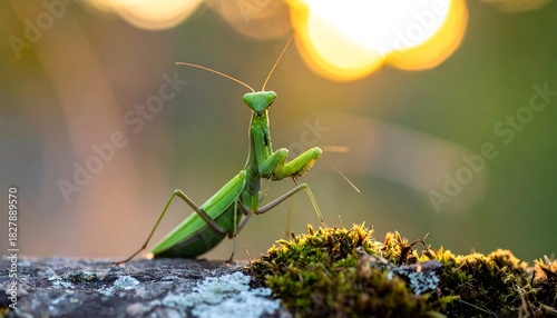 Bright green mantis stands on mossy log, with golden bokeh background, creating a soft, warm ambiance