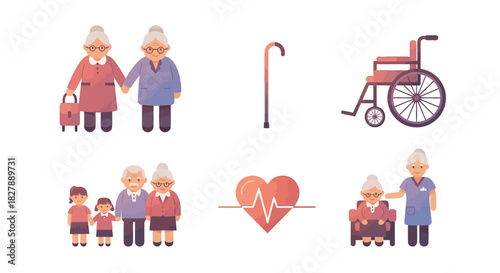 Set of color line icons representing senior citizen health, wellness, and retirement community life