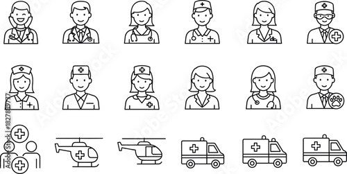 Medical professionals and emergency icon set, healthcare team, ambulance, helicopter, vector illustration, black and white