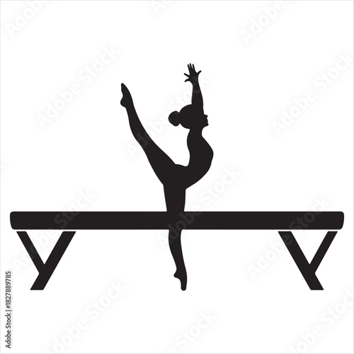 Silhouette of a female gymnast performing a split on a balance beam