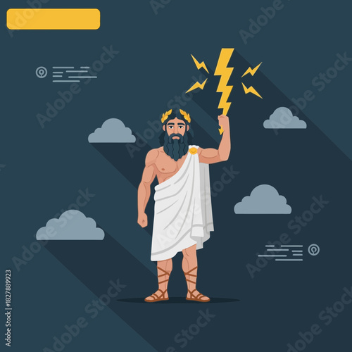 Man in toga holds lightning bolt with clouds and symbols around him.