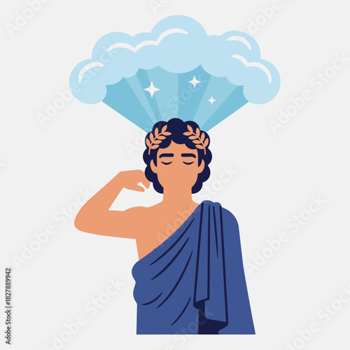 Person in toga and wreath with cloud above head raising arm.