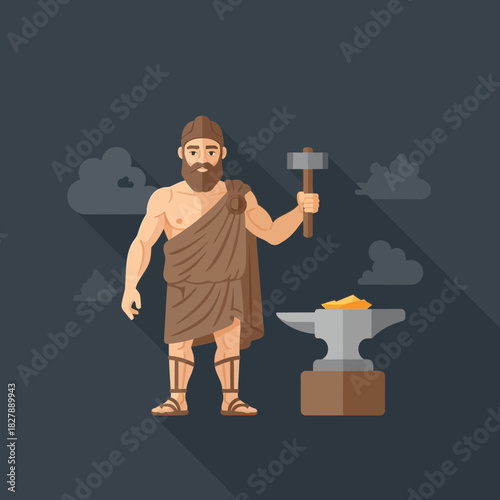 Man with beard wearing animal skin holding hammer near anvil with gold.
